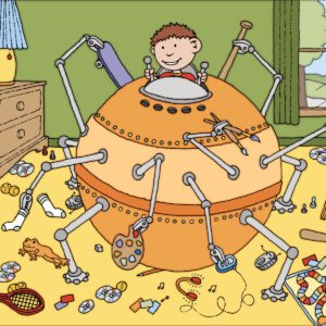 An illustration of a young boy cleaning his room with a super-sorter machine