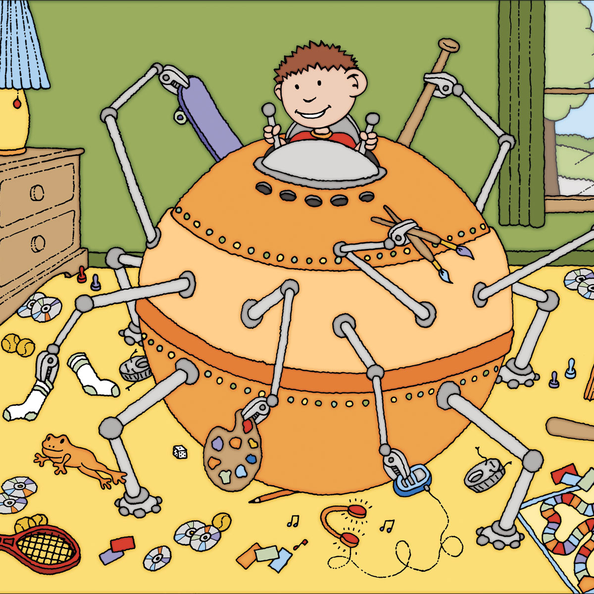 An illustration of a young boy cleaning his room with a super-sorter machine