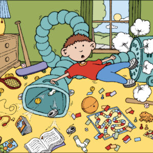 An illustration of a young boy cleaning his room with a haywire vacuum