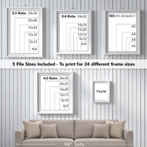 Visual showing five picture frams on a wall sowing the five different file sizes customers can download to print 24 different sized art prints.
