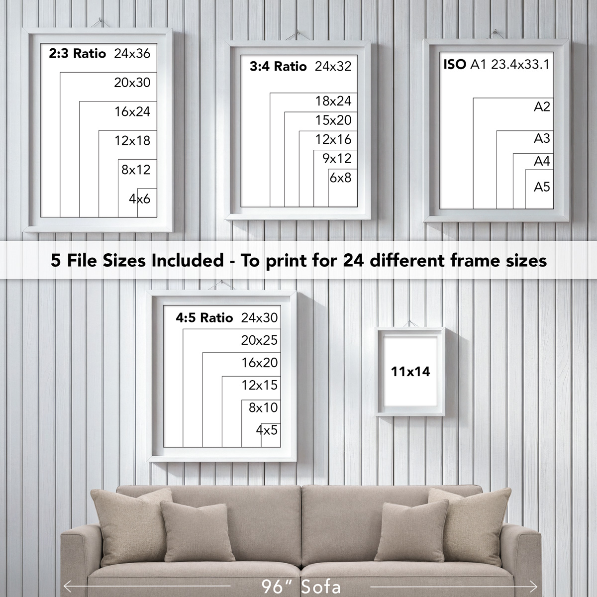 Visual showing five picture frams on a wall sowing the five different file sizes customers can download to print 24 different sized art prints.