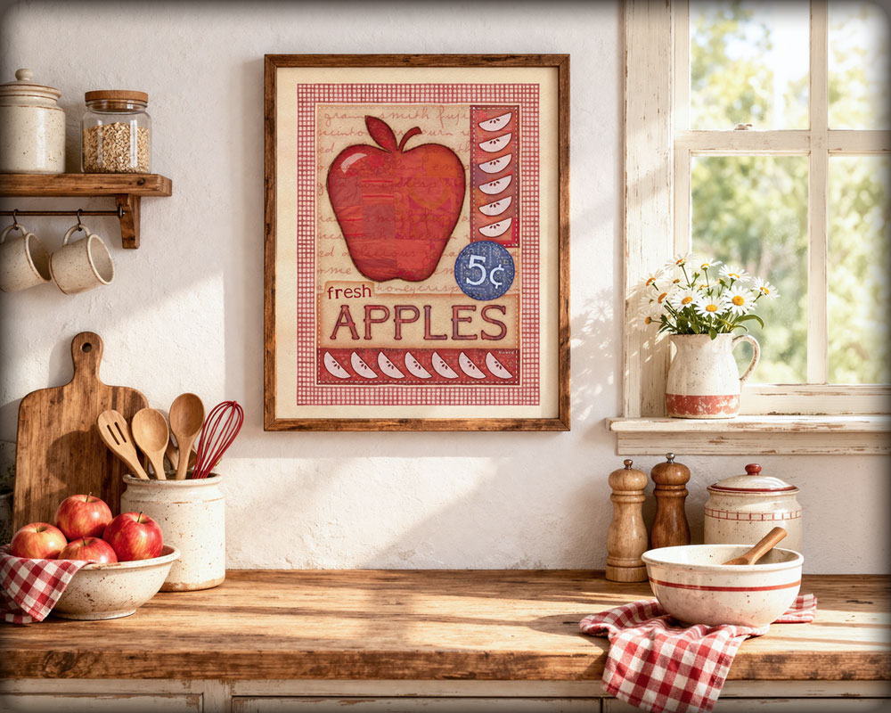 The artwork, fresh apples, shown hanging in a sunroom.
