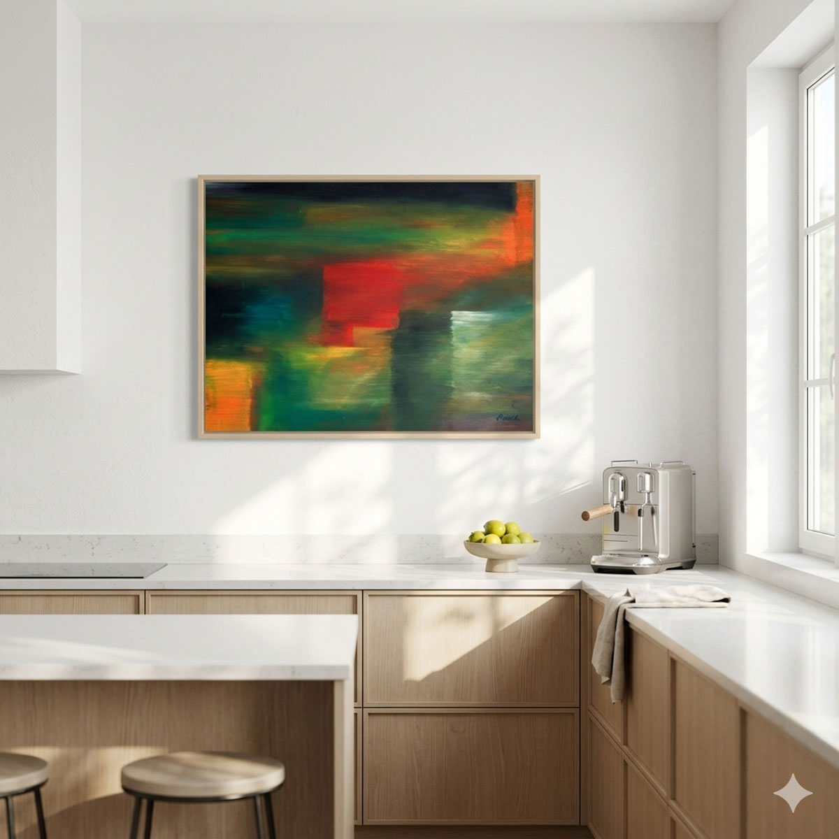 Morning Windows Abstract Landscape Digital Wall Art featuring textured red, green, and orange brushstrokes in a moody light.