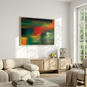 Morning Windows Abstract Landscape Digital Wall Art featuring textured red, green, and orange brushstrokes in a moody light.