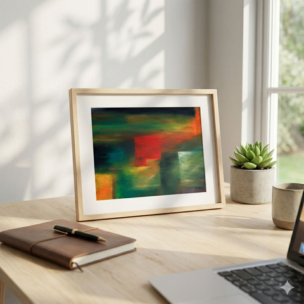 Morning Windows Abstract Landscape Digital Wall Art featuring textured red, green, and orange brushstrokes in a moody light.