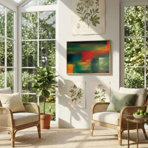 Morning Windows Abstract Landscape Digital Wall Art featuring textured red, green, and orange brushstrokes in a moody light.