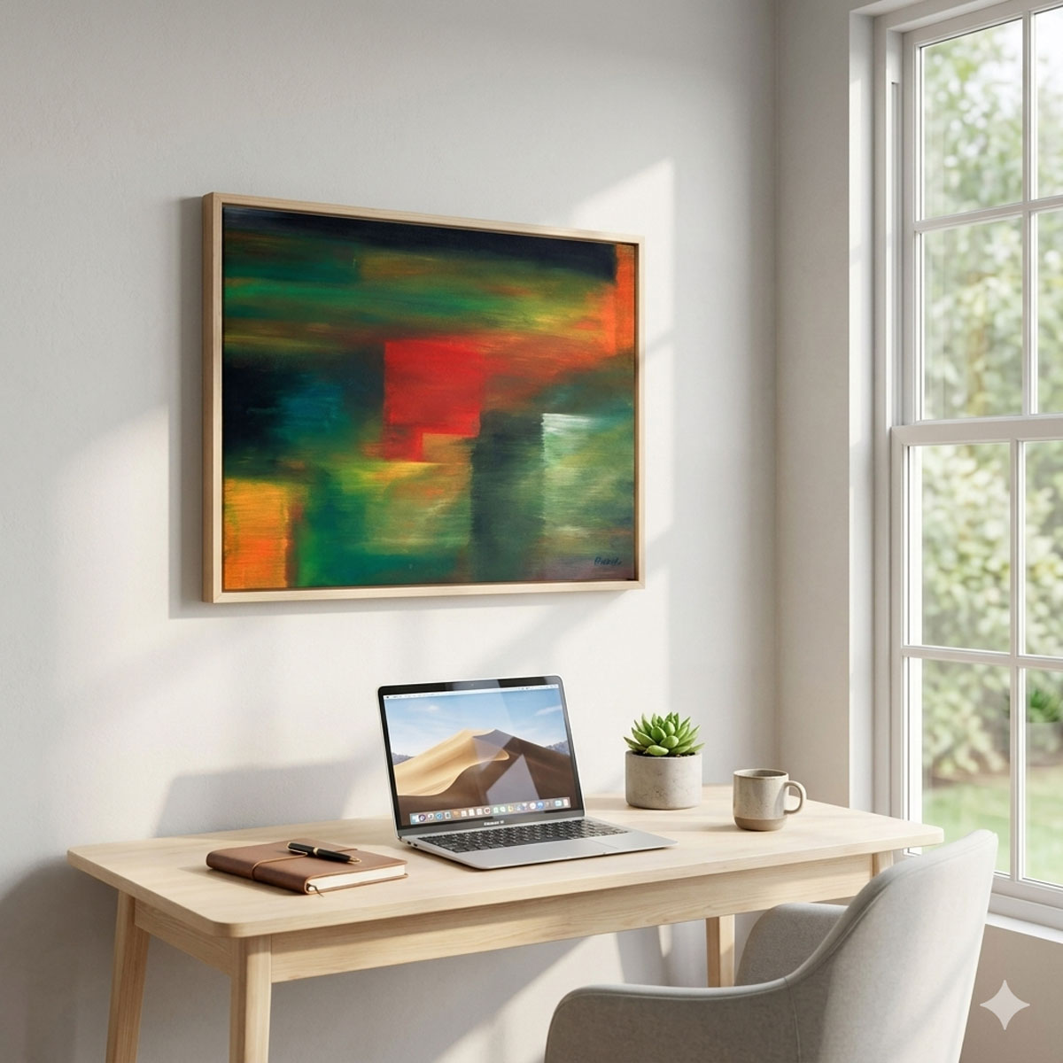 Morning Windows Abstract Landscape Digital Wall Art featuring textured red, green, and orange brushstrokes in a moody light.