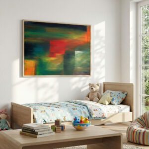 Morning Windows Abstract Landscape Digital Wall Art featuring textured red, green, and orange brushstrokes in a moody light.