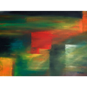 Morning Windows Abstract Landscape Digital Wall Art featuring textured red, green, and orange brushstrokes in a moody light.