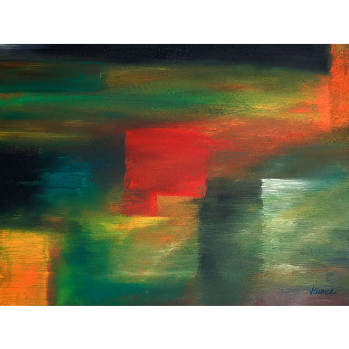 Morning Windows Abstract Landscape Digital Wall Art featuring textured red, green, and orange brushstrokes in a moody light.