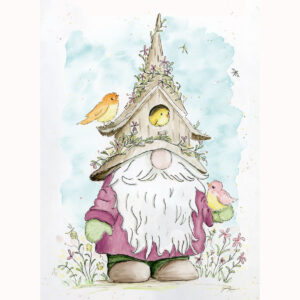 Spring Watercolor Gnome Wall Art with a garden gnome, birdhouse, colorful birds, flowers, and soft blue watercolor background.