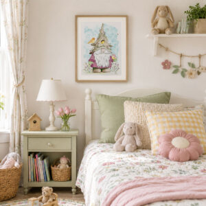 Spring Watercolor Gnome Wall Art with a garden gnome, birdhouse, colorful birds, flowers, and soft blue watercolor background framed on a child's bedroom wall