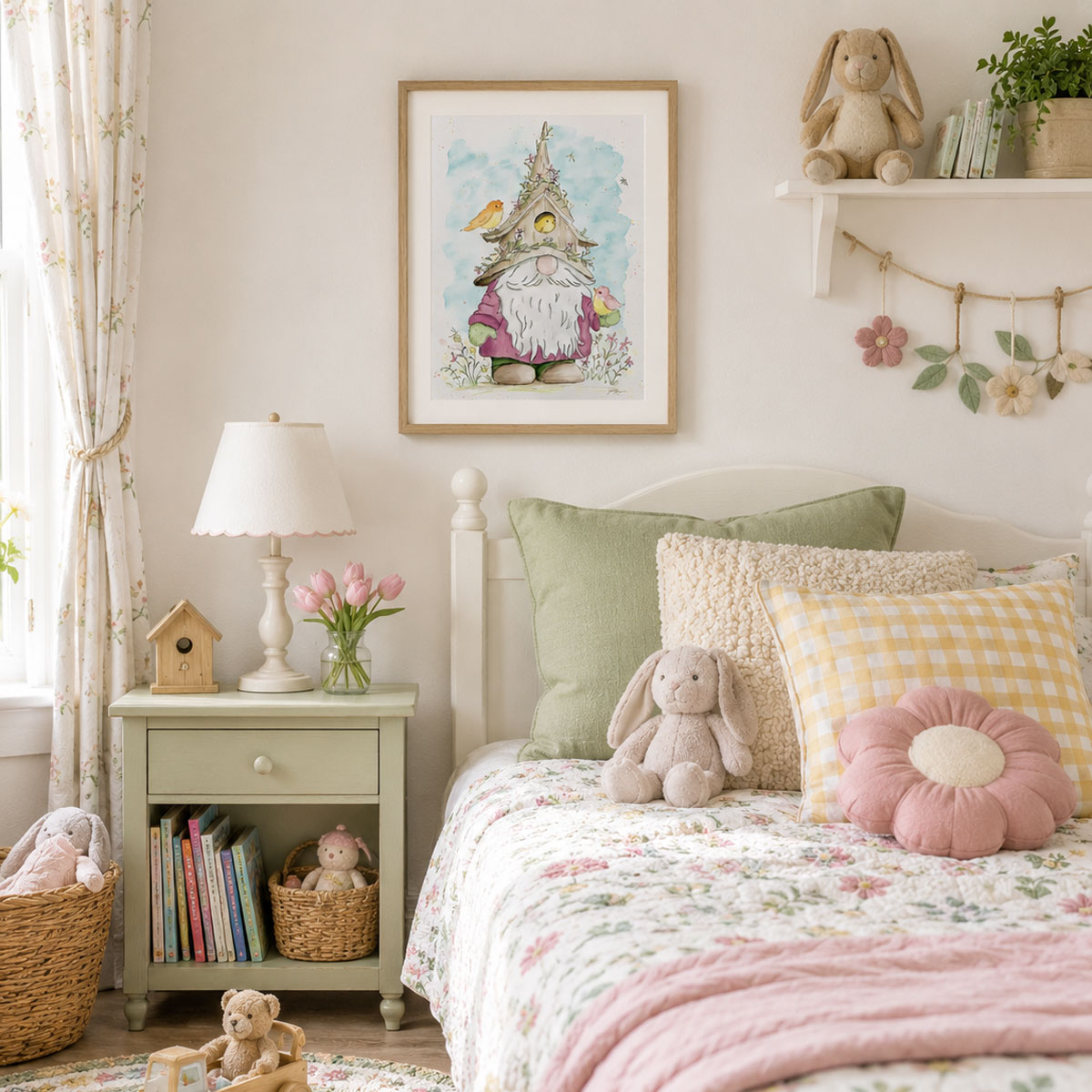 Spring Watercolor Gnome Wall Art with a garden gnome, birdhouse, colorful birds, flowers, and soft blue watercolor background framed on a child's bedroom wall