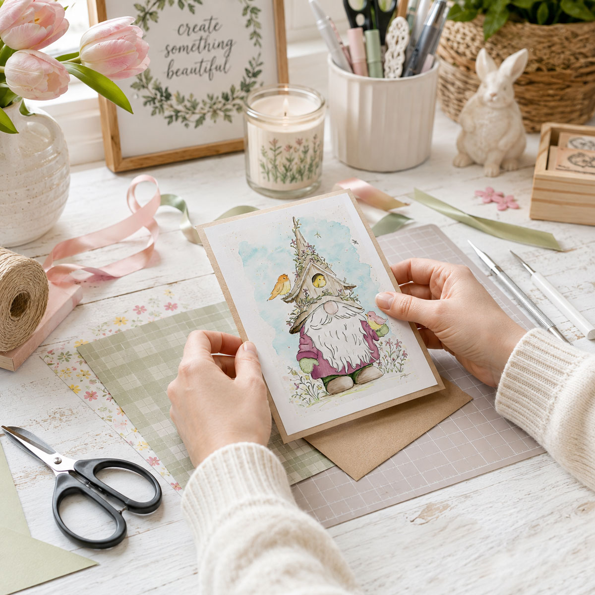 Spring Watercolor Gnome Wall Art with a garden gnome, birdhouse, colorful birds, flowers, and soft blue watercolor background used to make a greeting card