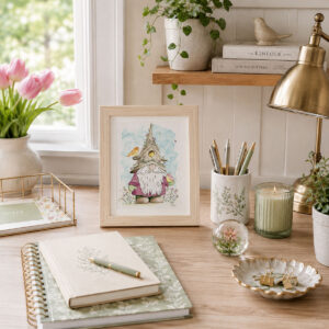 Spring Watercolor Gnome Wall Art with a garden gnome, birdhouse, colorful birds, flowers, and soft blue watercolor background framed on a desk