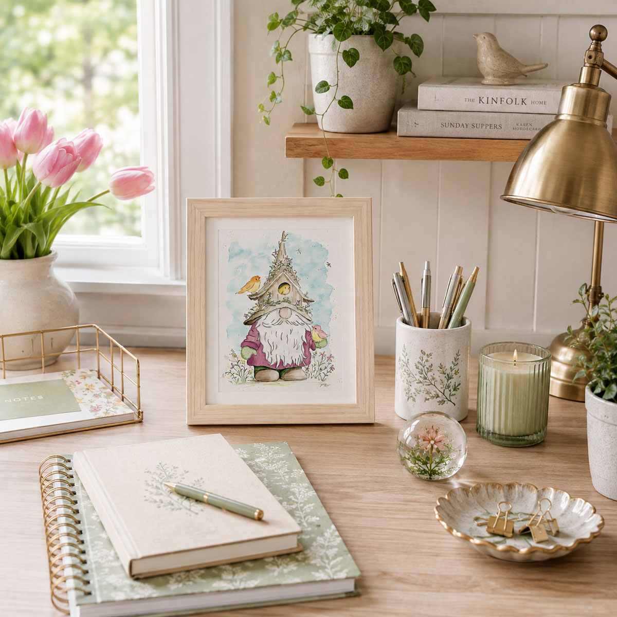 Spring Watercolor Gnome Wall Art with a garden gnome, birdhouse, colorful birds, flowers, and soft blue watercolor background framed on a desk