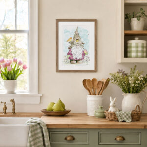Spring Watercolor Gnome Wall Art with a garden gnome, birdhouse, colorful birds, flowers, and soft blue watercolor background framed on a kitchen wall