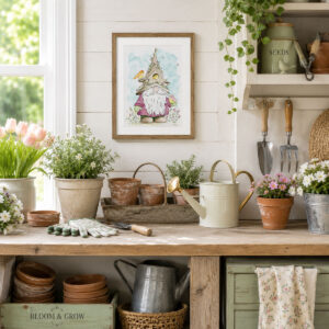 Spring Watercolor Gnome Wall Art with a garden gnome, birdhouse, colorful birds, flowers, and soft blue watercolor background framed on a potting shed wall
