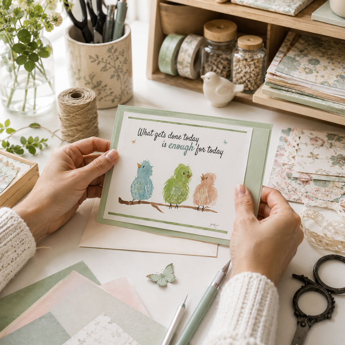 Watercolor bird quote print with three whimsical watercolor birds on a branch beneath an encouraging quote used to create a handmade greeting card