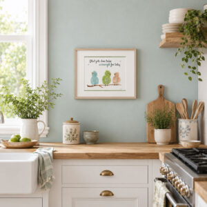 Watercolor bird quote print with three whimsical watercolor birds on a branch beneath an encouraging quote framed on a kitchen wall