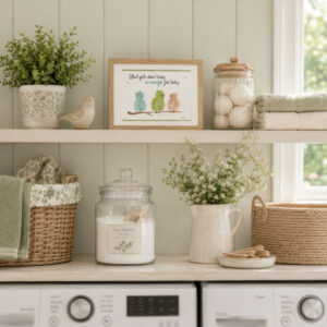 Watercolor bird quote print with three whimsical watercolor birds on a branch beneath an encouraging quote framed on a laundry room shelf