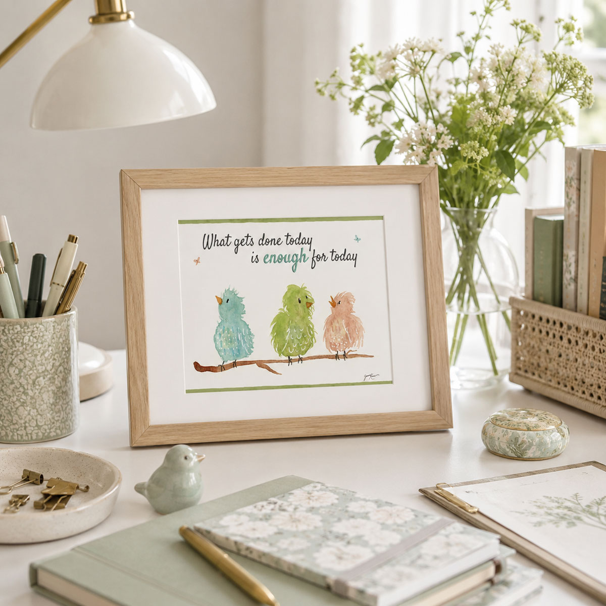 Watercolor bird quote print with three whimsical watercolor birds on a branch beneath an encouraging quote framed on an office desk.