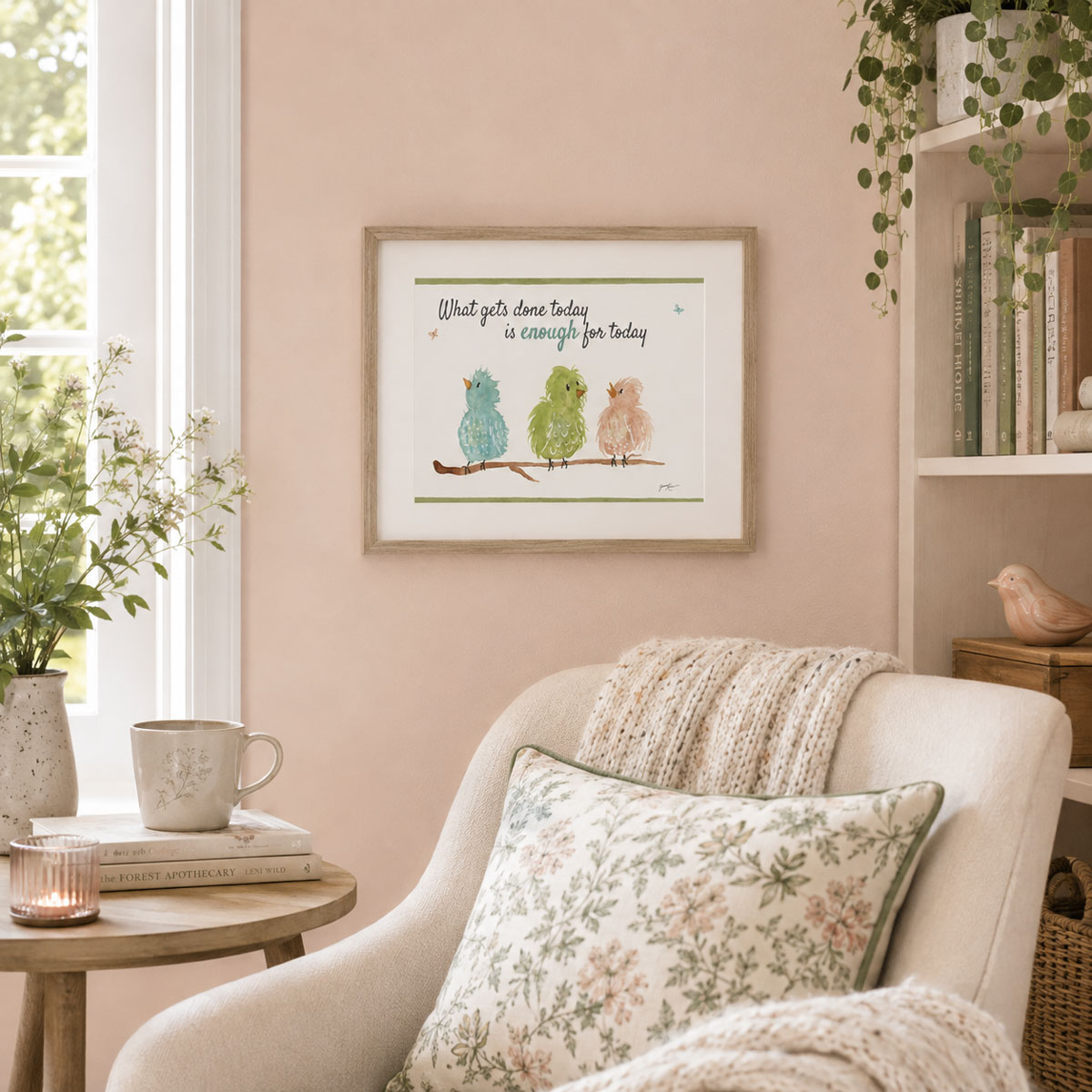 Watercolor bird quote print with three whimsical watercolor birds on a branch beneath an encouraging quote framed on a reading nook wall