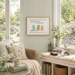 Watercolor bird quote print with three whimsical watercolor birds on a branch beneath an encouraging quote framed on a sunroom wall.