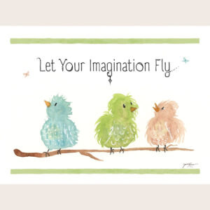 Watercolor Bird Wall Art with three whimsical birds on a branch and the quote “Let Your Imagination Fly.”