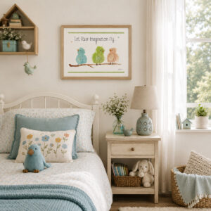 Watercolor Bird Wall Art with three whimsical birds on a branch and the quote “Let Your Imagination Fly," framed on a child's bedroom wall