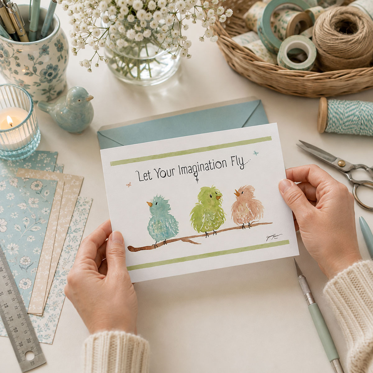 Watercolor Bird Wall Art with three whimsical birds on a branch and the quote “Let Your Imagination Fly," used to make a greeting card.