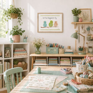 Watercolor Bird Wall Art with three whimsical birds on a branch and the quote “Let Your Imagination Fly," framed on a craft room wall