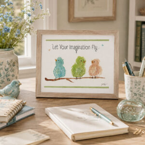 Watercolor Bird Wall Art with three whimsical birds on a branch and the quote “Let Your Imagination Fly," framed and sitting on a desk