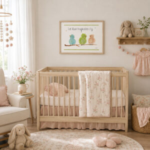 Watercolor Bird Wall Art with three whimsical birds on a branch and the quote “Let Your Imagination Fly," framed on a nursery wall
