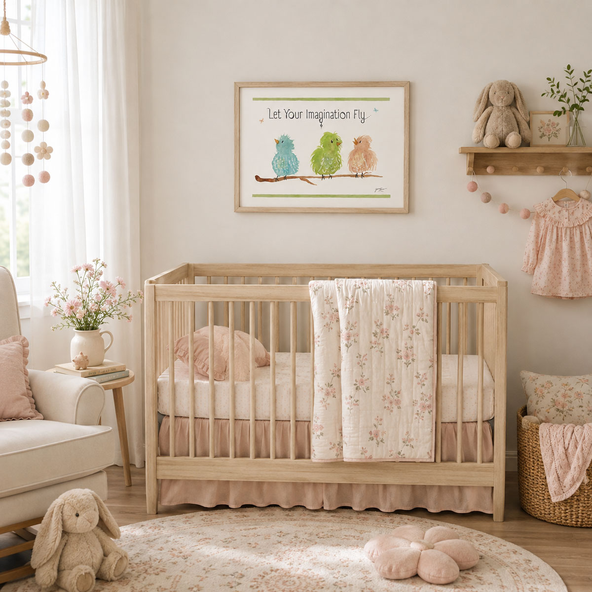 Watercolor Bird Wall Art with three whimsical birds on a branch and the quote “Let Your Imagination Fly," framed on a nursery wall