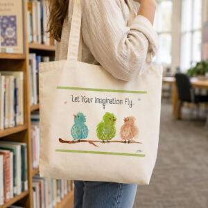 Watercolor Bird Wall Art with three whimsical birds on a branch and the quote “Let Your Imagination Fly," shown on a tote bag.